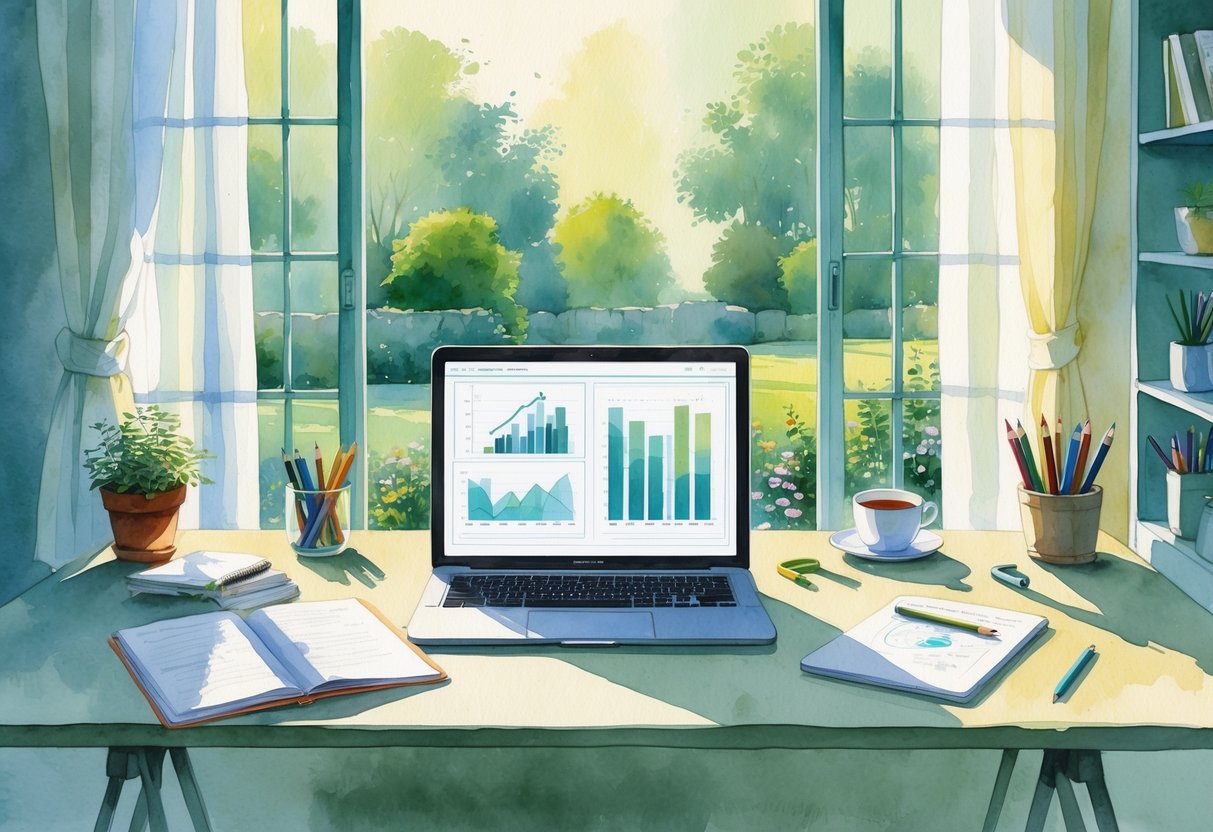 A peaceful home office with a desk by a window, featuring notebooks, a laptop, a cup of tea, plants, and gardening tools.