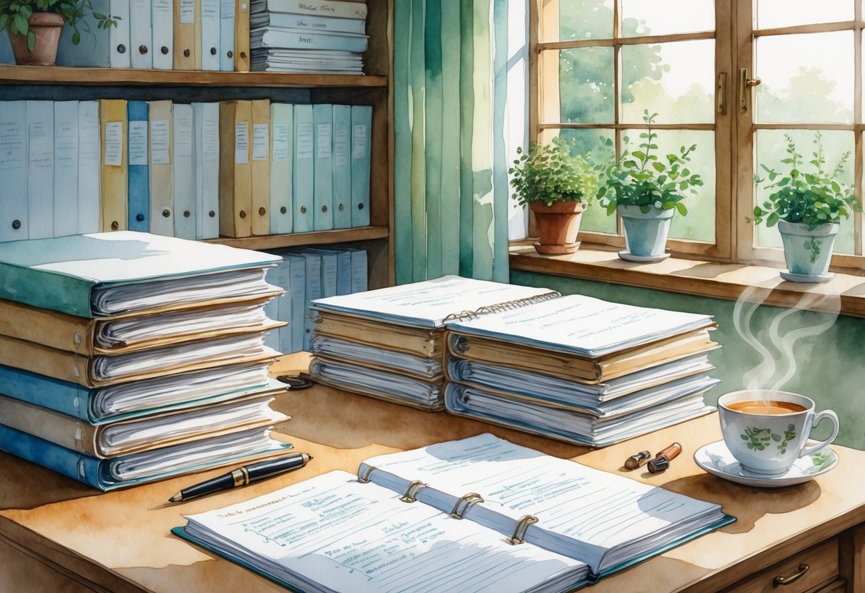 A calm workspace with a desk covered in folders, notebooks, and a cup of tea near a window with shelves and plants in the background.