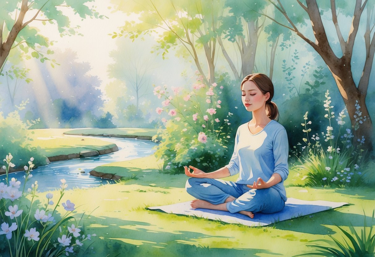 A person sitting cross-legged outdoors with eyes closed, meditating peacefully in a garden surrounded by trees, flowers, and a small stream.
