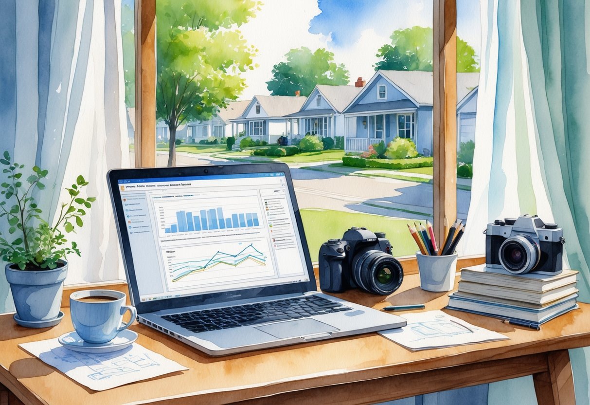 A cozy home office with a laptop, notes, coffee, hobby items like a plant, sketchbook, camera, and books, with a window showing a quiet neighborhood outside.