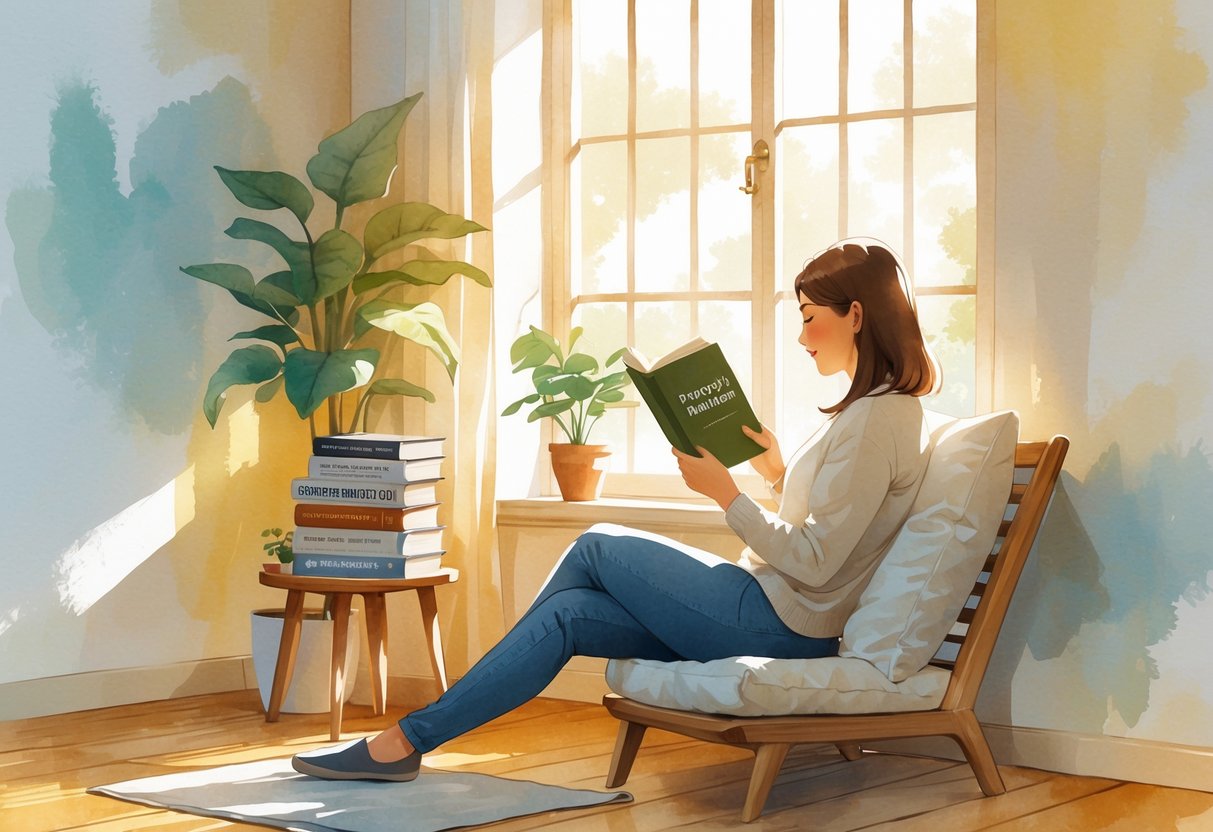 A person sitting in a cozy reading nook by a window, reading a book with a small stack of books and a cup of tea nearby.