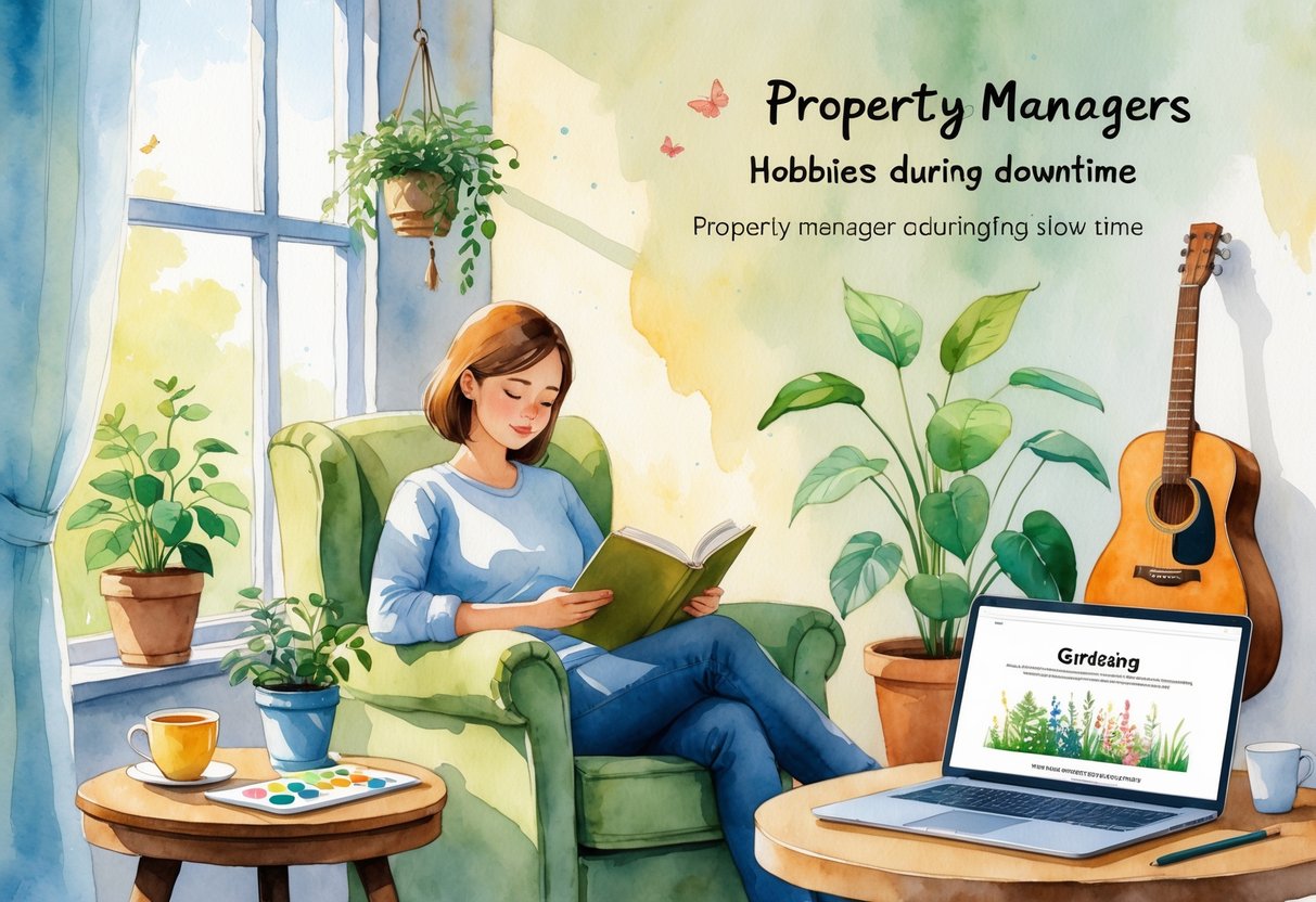 A person sitting in a cozy room by a window, reading a book surrounded by a guitar, plants, art supplies, and a steaming cup of tea.