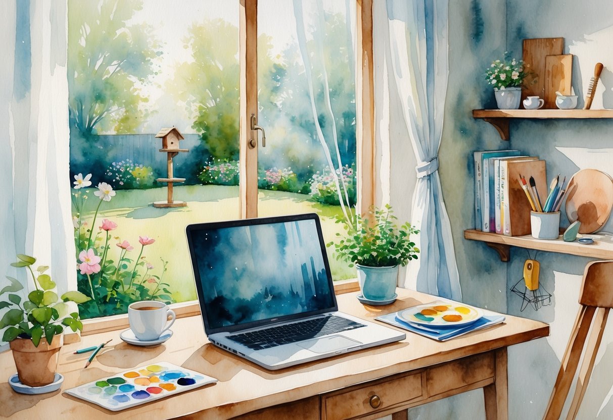 A cozy home office with a desk, laptop, plants, and hobby items like gardening tools, paintbrushes, knitting yarn, and a model airplane, with a garden visible through the window.