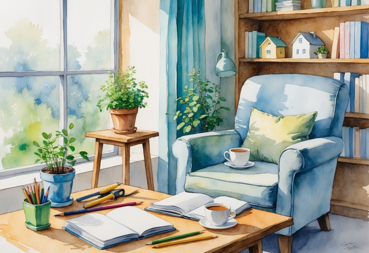A cozy indoor scene with a person relaxing near a window surrounded by gardening tools, a sketchbook with colored pencils, books, and a model house on a shelf.
