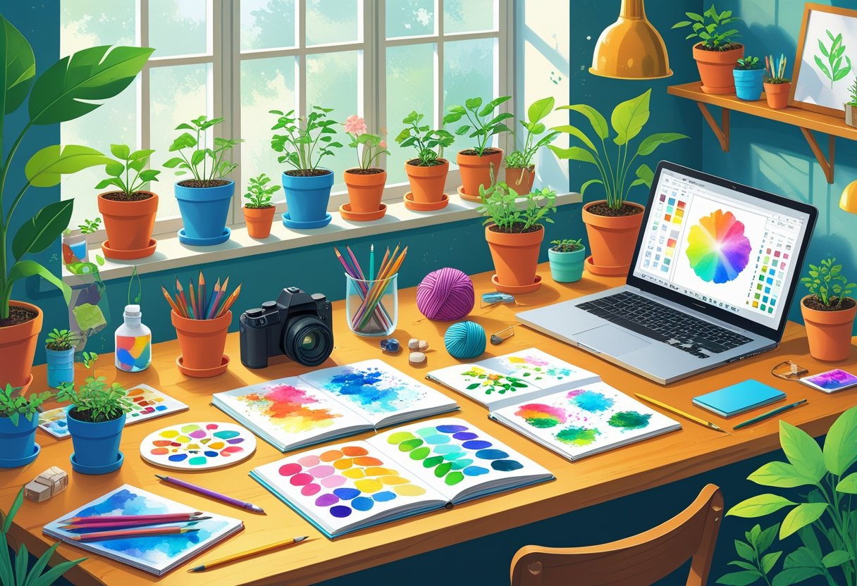 A cozy workspace with art supplies, knitting yarn, seedlings in pots, a camera, and a laptop showing digital art, all arranged to represent various low-cost creative hobbies.