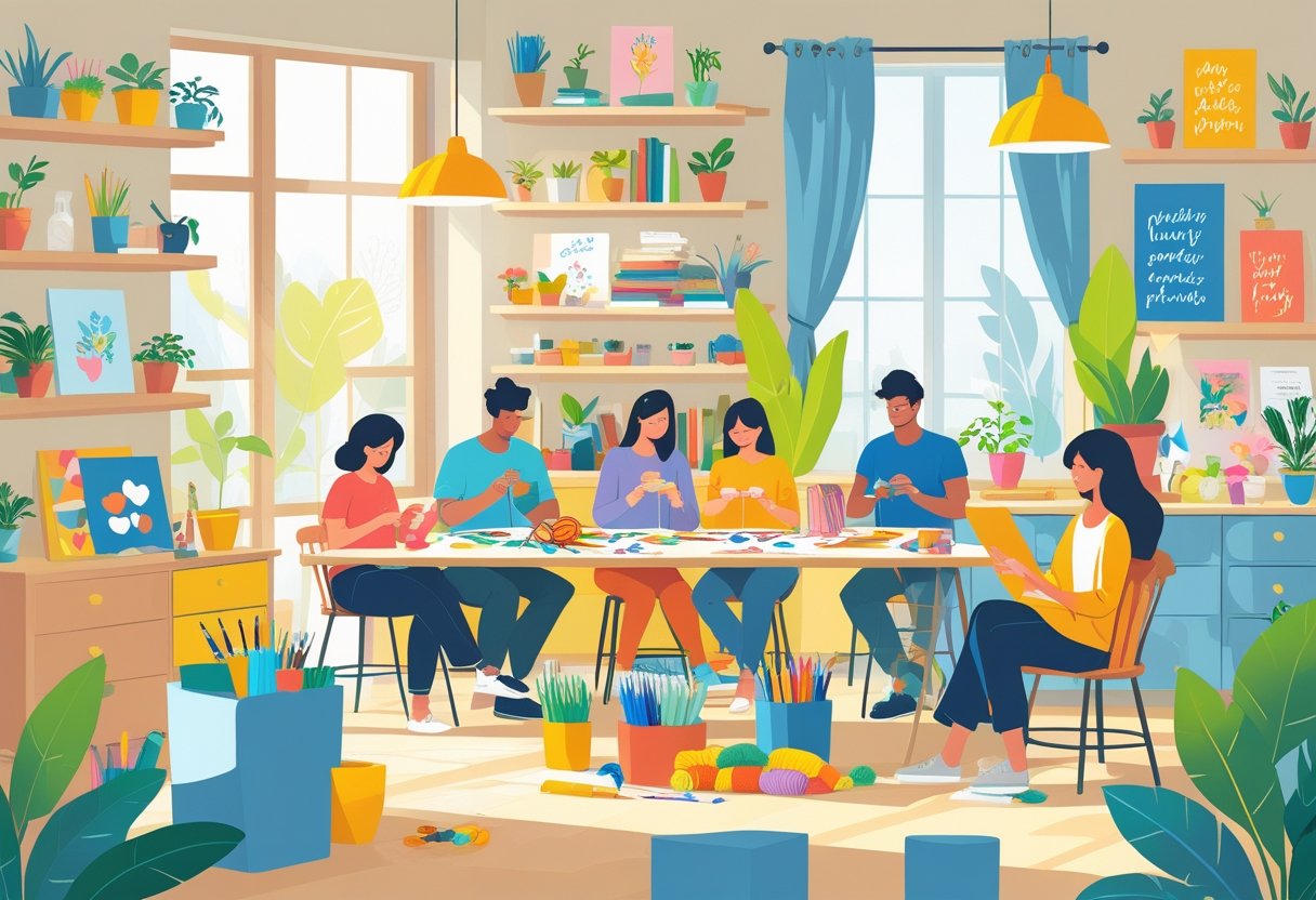 People engaging in various low-cost creative hobbies like painting, knitting, writing, and crafting in a bright, cozy room.