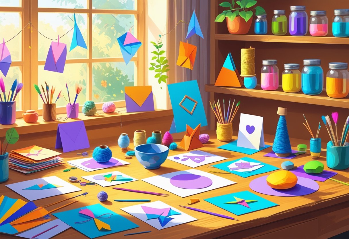 A cozy workspace with various arts and crafts materials and projects including origami, knitting, painting, and pottery.