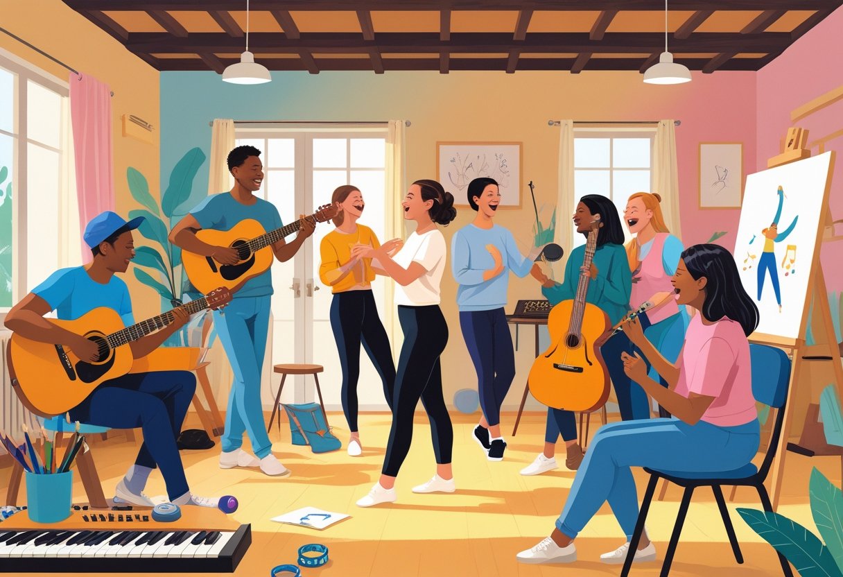 A group of people playing music, dancing, singing, and painting together in a cozy community space.
