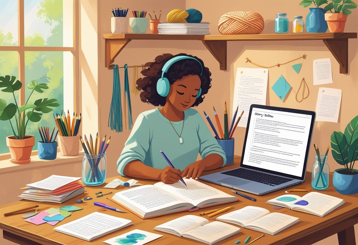 A person writing at a desk surrounded by art supplies, books, and craft materials in a cozy room with natural light.