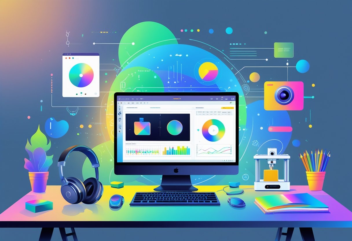 A workspace with a laptop, digital drawing tablet, smartphone, headphones, camera, sketchbooks, and a small 3D printer, surrounded by subtle tech-themed decorations.