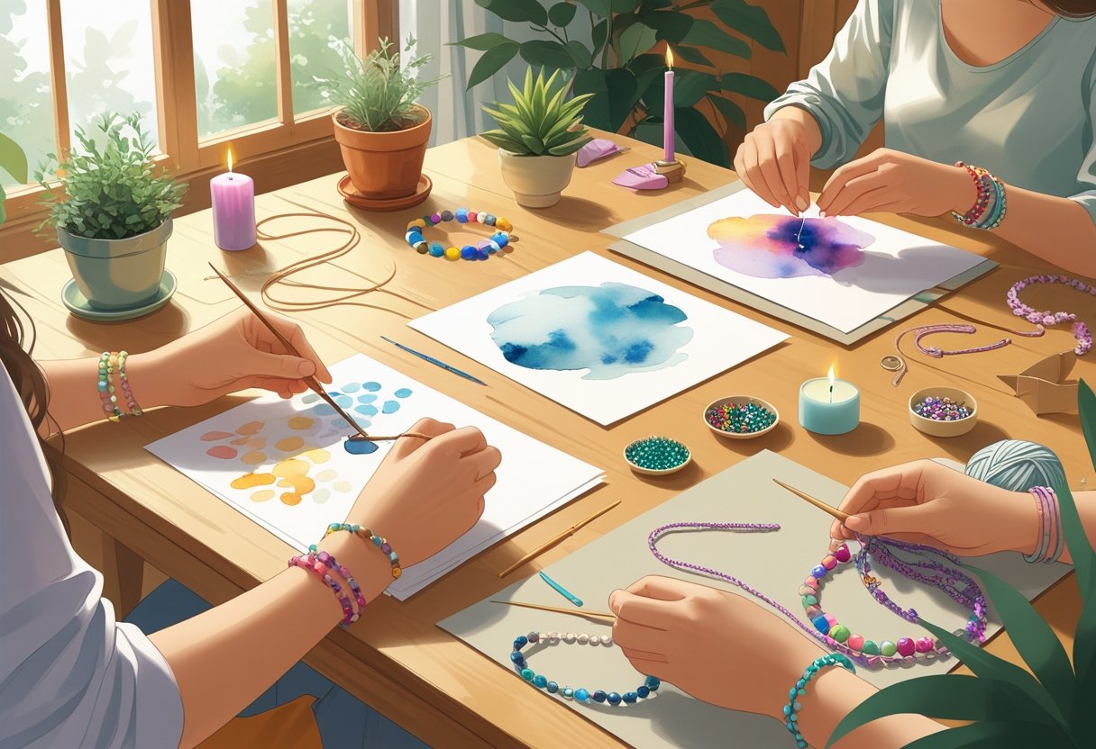 A peaceful indoor scene showing hands doing various crafts like painting, knitting, beading, and origami on a wooden table surrounded by plants and candles.