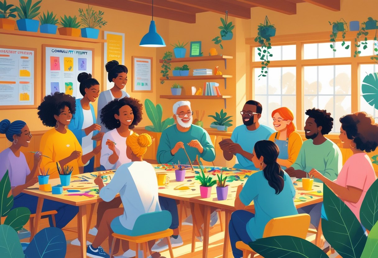 A diverse group of people engaged in various creative hobbies together in a warm, welcoming community space filled with art supplies, musical instruments, and plants.