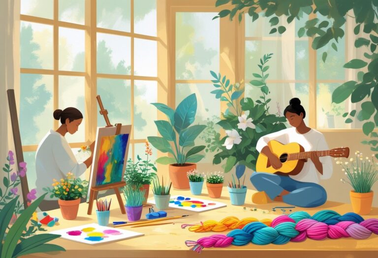 A peaceful indoor scene showing people painting, gardening, playing guitar, and knitting, surrounded by plants and natural light.