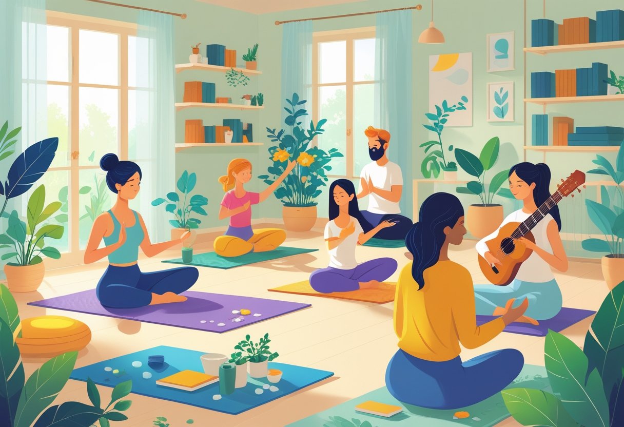 A group of people engaged in therapeutic hobbies such as yoga, painting, gardening, and playing music in a calm indoor space.
