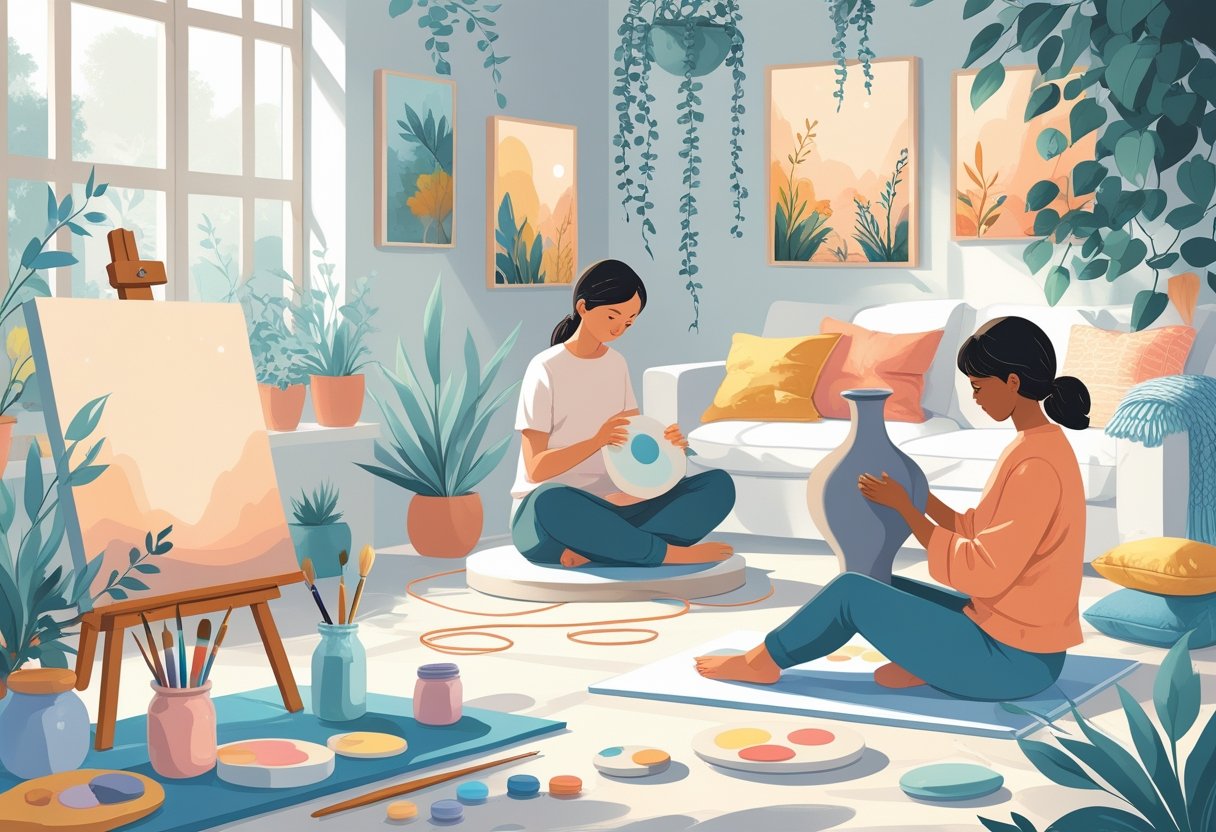 A peaceful studio with people painting, making pottery, and knitting, surrounded by art supplies and natural light.