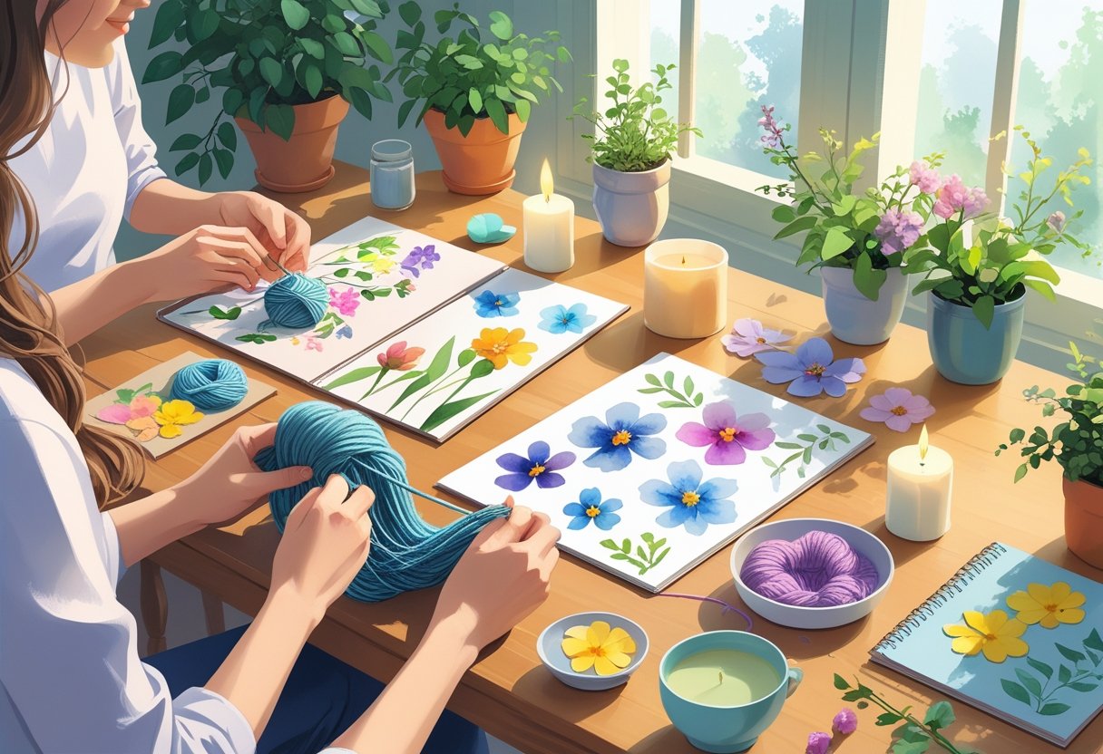 Hands engaged in various calming crafts like knitting, watercolor painting, flower pressing, and clay molding on a wooden table in a peaceful, sunlit room.