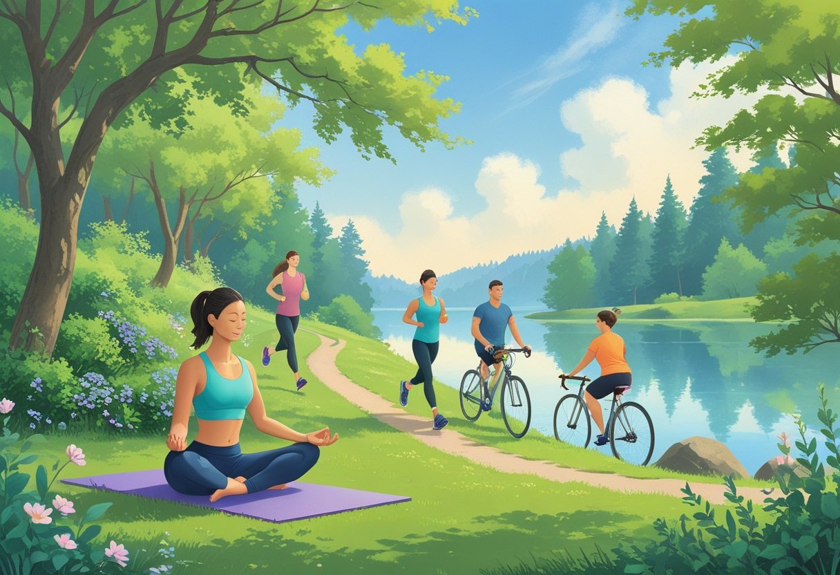 People engaging in yoga, jogging, cycling, and meditating outdoors in a peaceful natural setting.