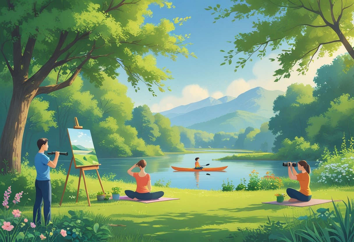People enjoying various outdoor hobbies like painting, yoga, gardening, birdwatching, and kayaking in a peaceful natural setting with trees, river, and mountains.