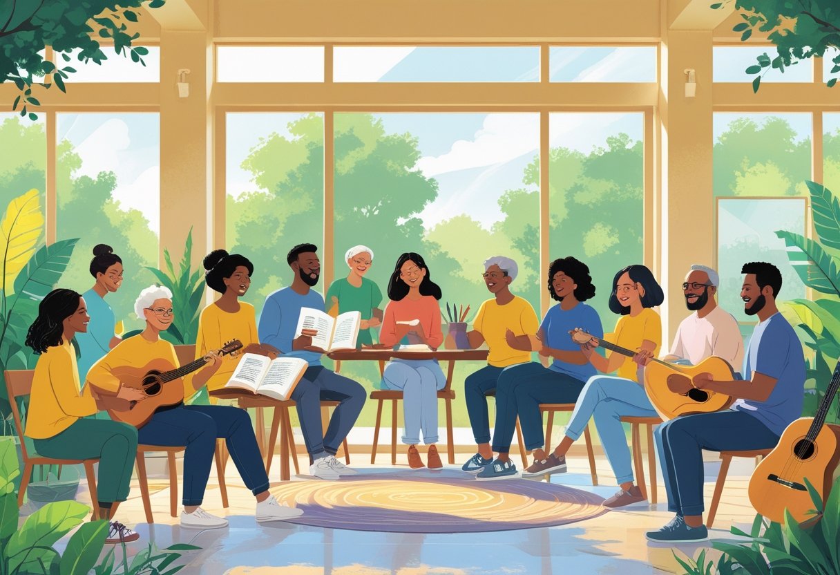 A diverse group of people enjoying various social hobbies together in a bright community center, including painting, reading, gardening, and playing music.