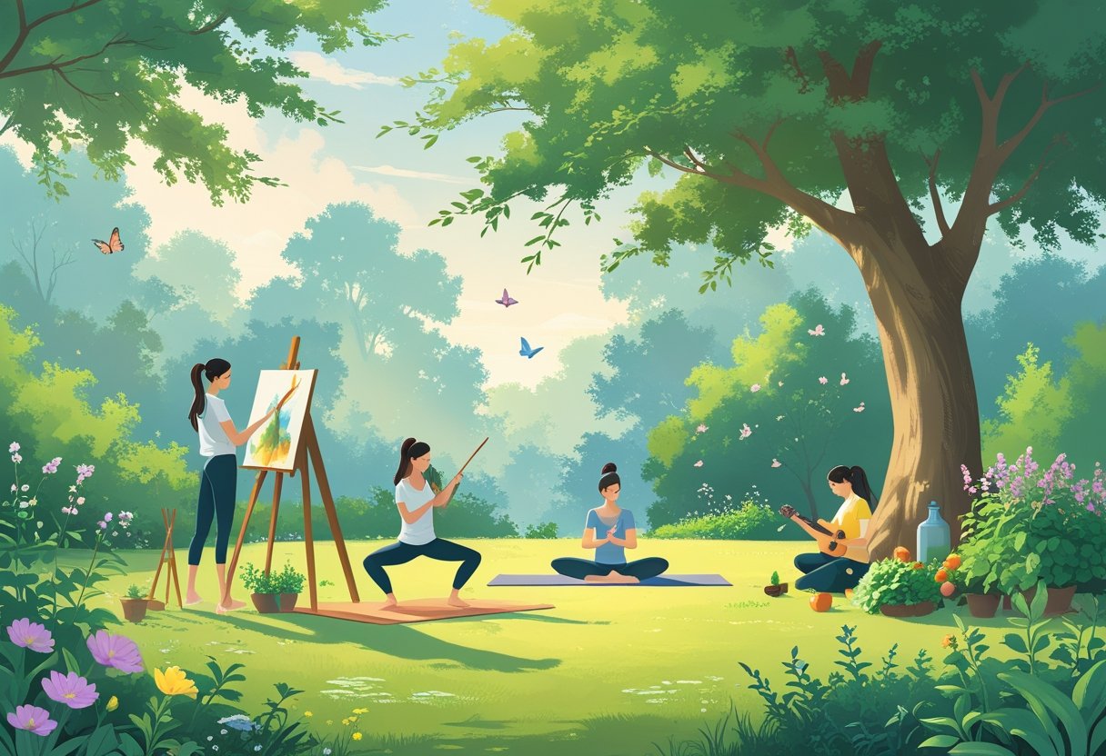 People enjoying different therapeutic hobbies outdoors, including painting, yoga, playing music, and gardening in a peaceful garden.