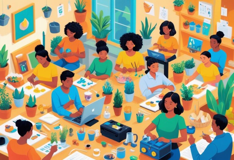 A group of people engaged in various hobbies like painting, baking, gardening, sewing, photography, music, woodworking, coding, yoga, coffee brewing, writing, candle making, graphic design, knitting, electronics repair, flower arranging, pottery, soap making, and selling vintage items, set in cozy workshops and market stalls.