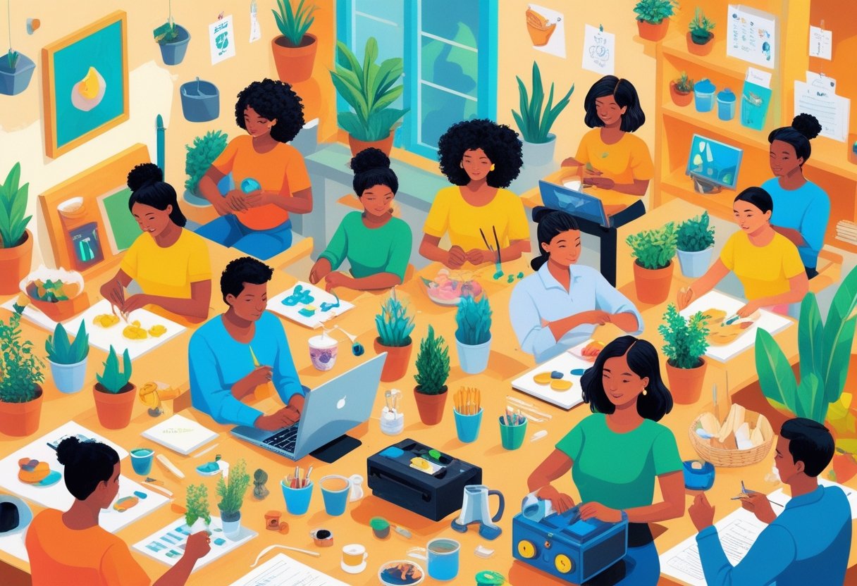 A group of people engaged in various hobbies like painting, baking, gardening, sewing, photography, music, woodworking, coding, yoga, coffee brewing, writing, candle making, graphic design, knitting, electronics repair, flower arranging, pottery, soap making, and selling vintage items, set in cozy workshops and market stalls.