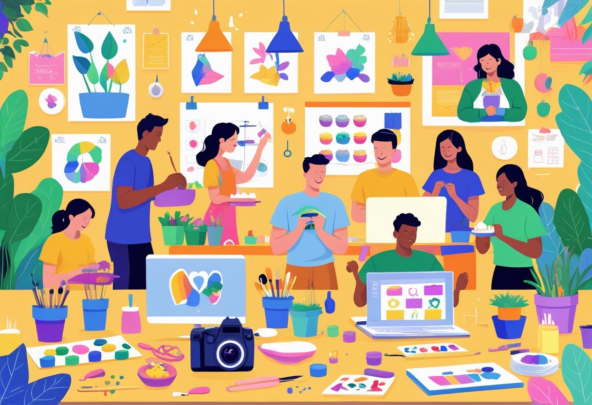 People engaged in various creative hobbies like painting, baking, woodworking, knitting, photography, and gardening in a bright and lively workspace.
