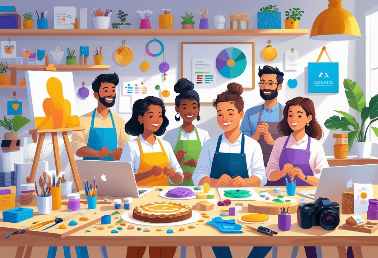 A group of people engaged in various creative hobbies such as painting, jewelry making, baking, graphic design, woodworking, and photography in a bright studio space filled with tools and finished products.