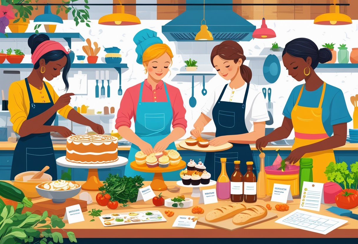 People engaged in various food-related activities like cake decorating, bread making, cupcake arranging, and bottling sauces in a cozy kitchen or market setting.