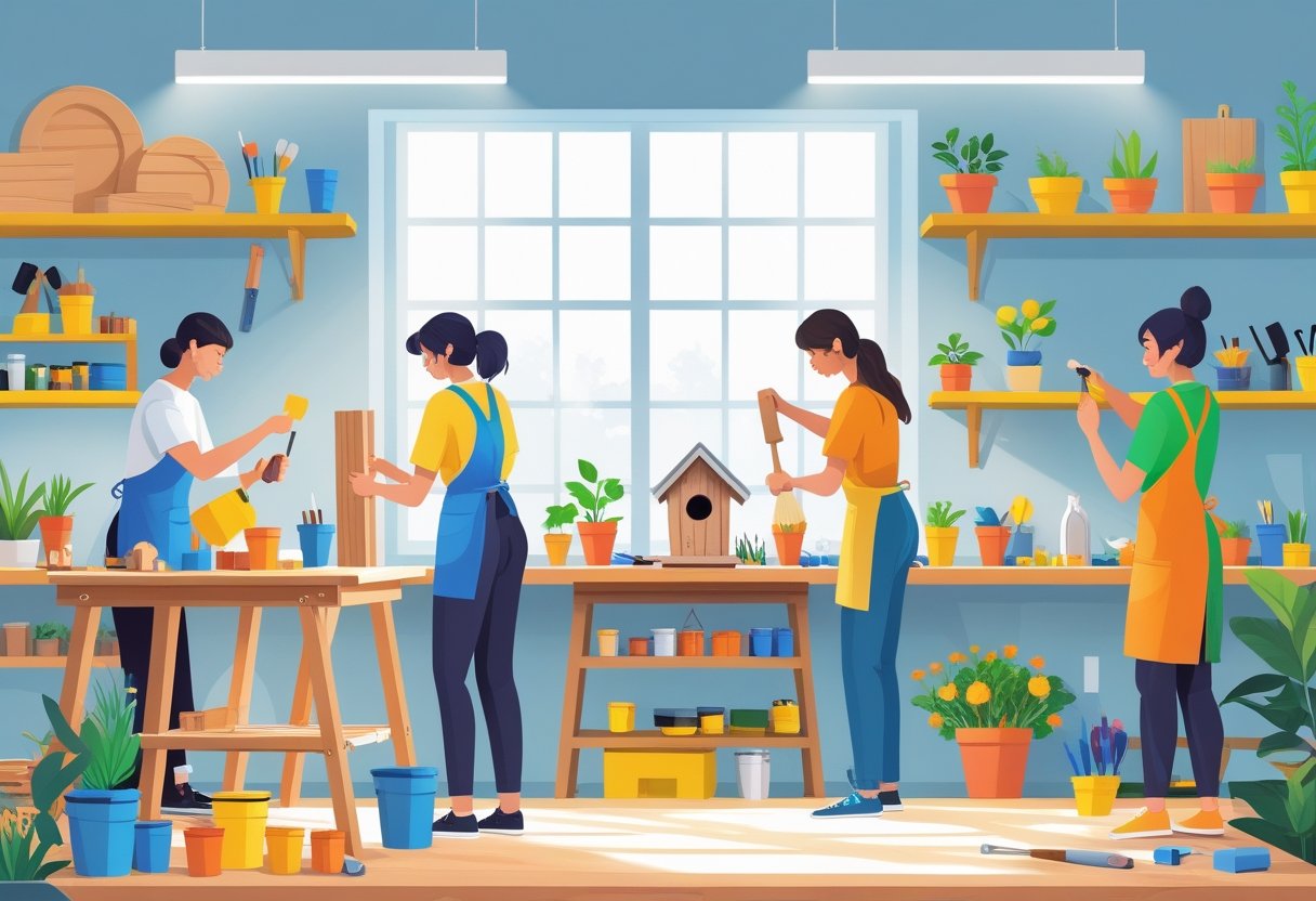 People working on various DIY and home improvement projects in a bright workshop filled with tools, plants, and materials.