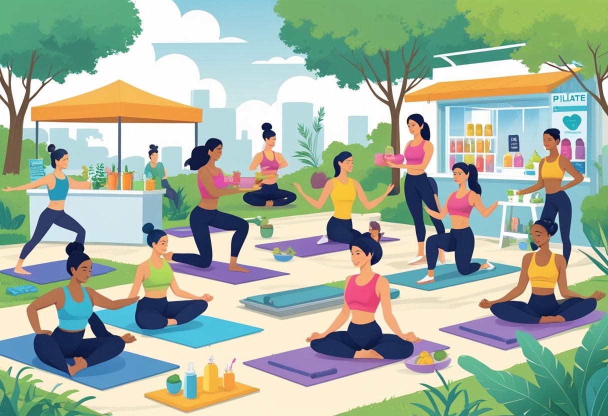 People practicing yoga, preparing smoothies, leading fitness classes, arranging skincare products, and training in a community park setting.