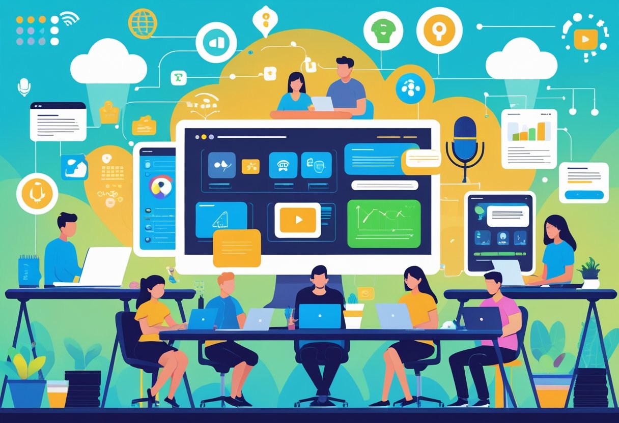 People using laptops, tablets, and digital devices to work on various technology and online hobbies in a bright, modern workspace.