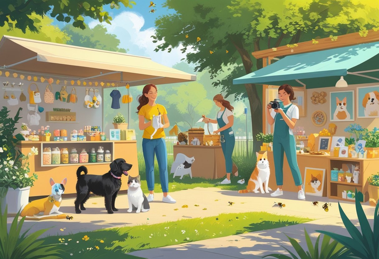 A lively scene showing people engaging in various pet-related activities such as grooming a dog, training a dog, knitting pet clothes, selling pet toys, photographing a cat, beekeeping, baking pet treats, and painting pet portraits at an outdoor market.