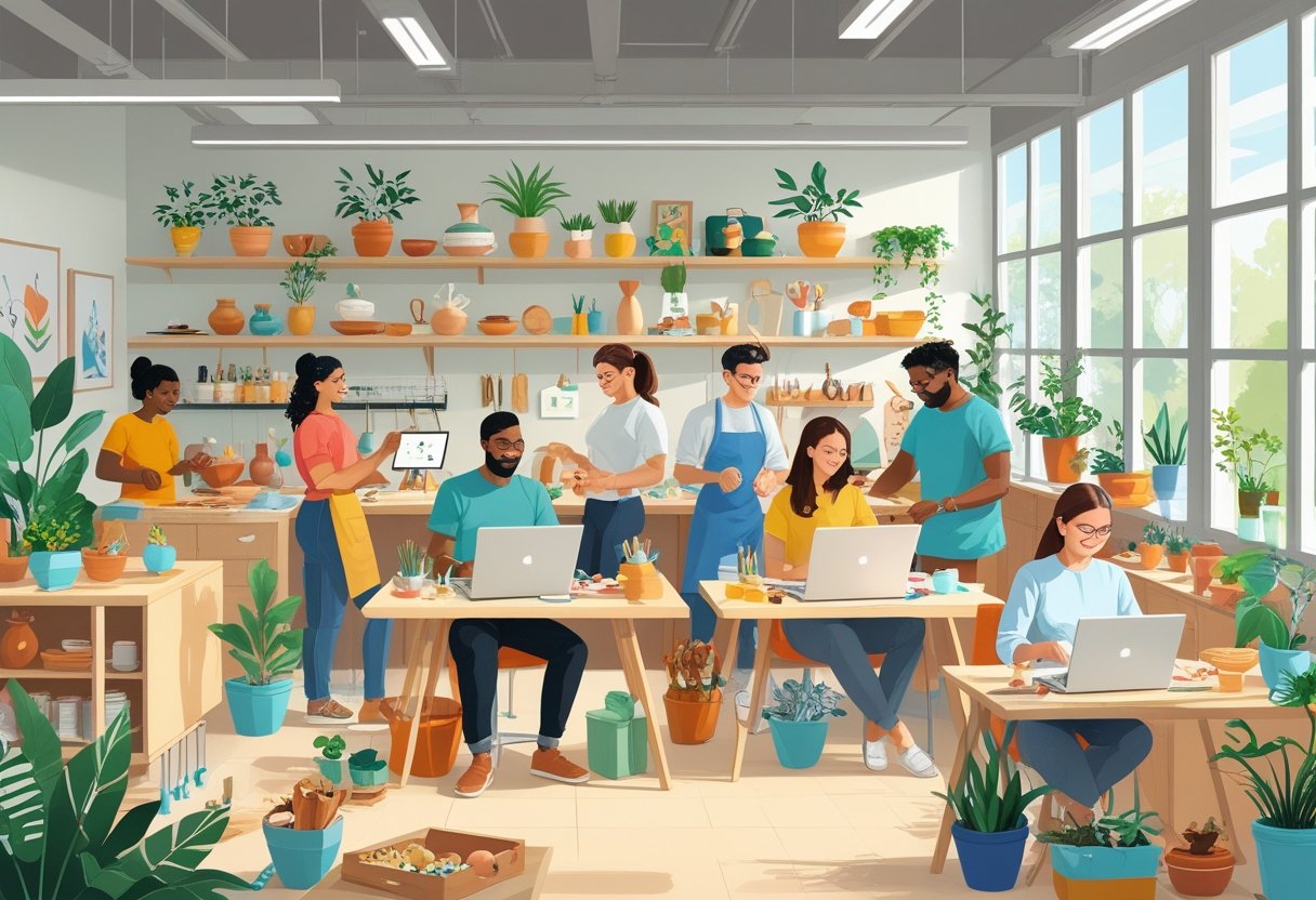 A group of people working on various creative hobbies like pottery, baking, painting, and crafting in a bright shared workspace filled with finished handmade products.