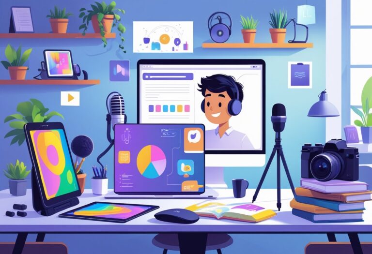 A person working at a desk with a laptop and digital drawing tablet, surrounded by items representing online hobbies like podcasting, content creation, social media, and tutoring.