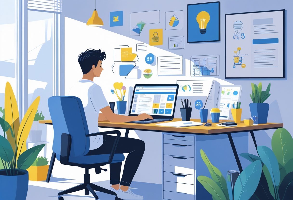 A person working on a laptop at a home desk surrounded by items representing online hobbies that can earn extra income.