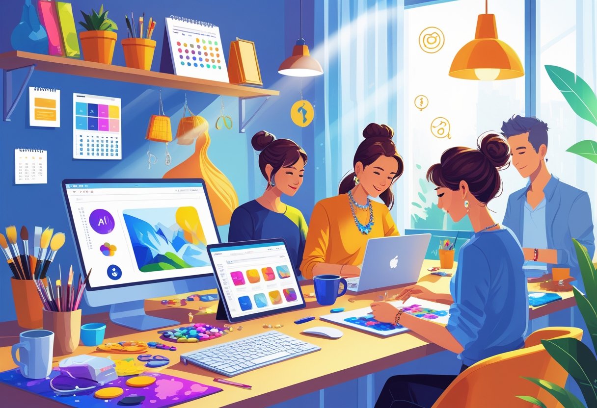 A diverse group working in a bright home workspace creating art and crafts with digital tools and handmade items, showing a productive environment for earning income online.