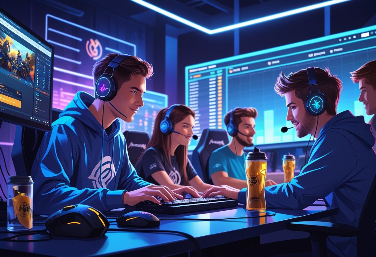 A group of people engaged in competitive gaming and live streaming in a modern gaming setup with multiple screens and esports trophies.