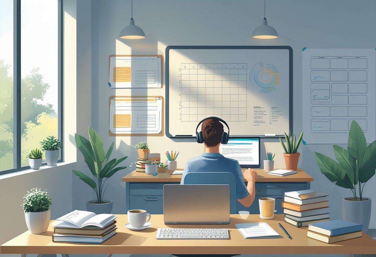 A person teaching online from a home office with a laptop, books, and a whiteboard in a bright, organized room.