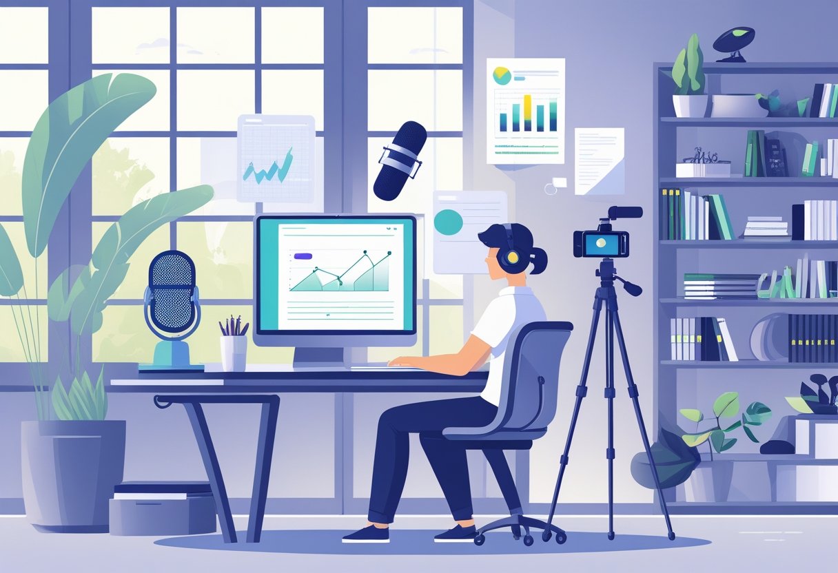 A person working at a desk with a laptop, surrounded by tools for online content creation like a microphone, camera, and books in a bright room.