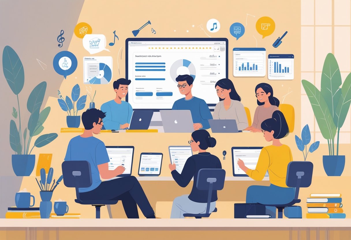 People using laptops and devices in a bright home office, participating in online surveys about hobbies that can earn extra income.