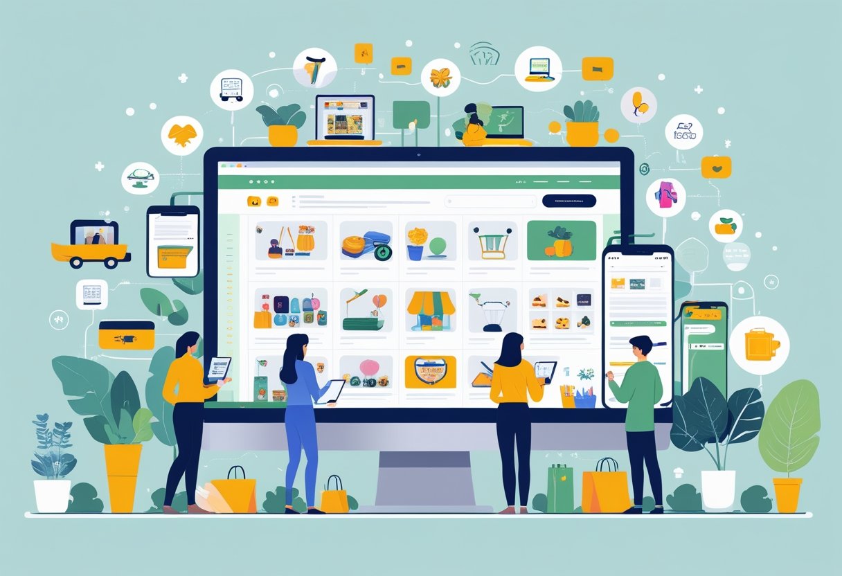 A digital marketplace scene showing people buying and selling various hobby-related items like crafts, jewelry, and art using laptops and smartphones.