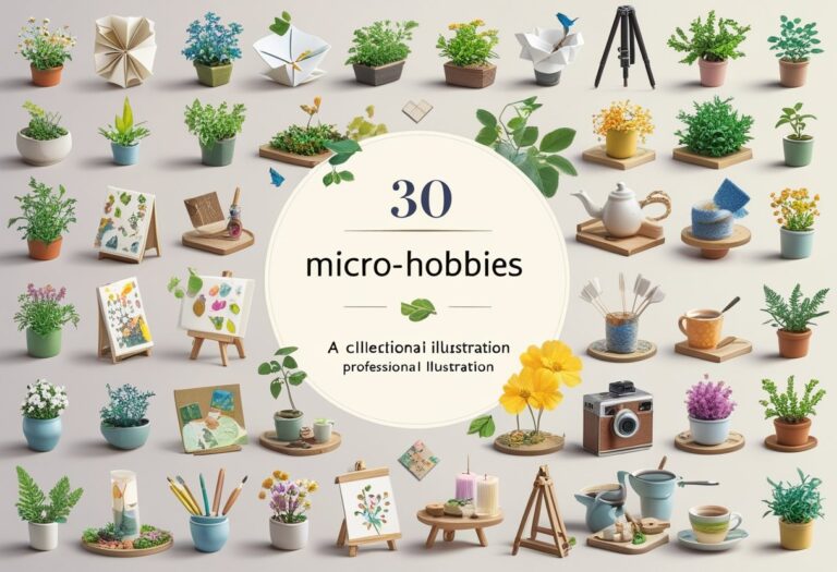 A collection of small scenes showing various micro-hobbies like gardening, origami, model building, calligraphy, birdwatching, knitting, painting, collecting stamps, tea brewing, photography, puzzle solving, candle making, cooking, writing, and playing music.