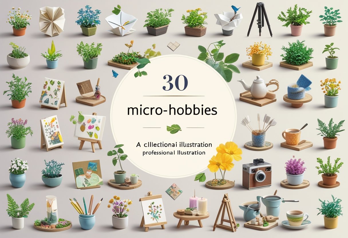 A collection of small scenes showing various micro-hobbies like gardening, origami, model building, calligraphy, birdwatching, knitting, painting, collecting stamps, tea brewing, photography, puzzle solving, candle making, cooking, writing, and playing music.