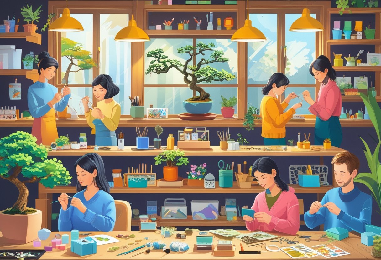 People engaged in various small hobbies like miniature painting, origami, bonsai care, knitting, and calligraphy in a cozy indoor setting surrounded by tools and materials.
