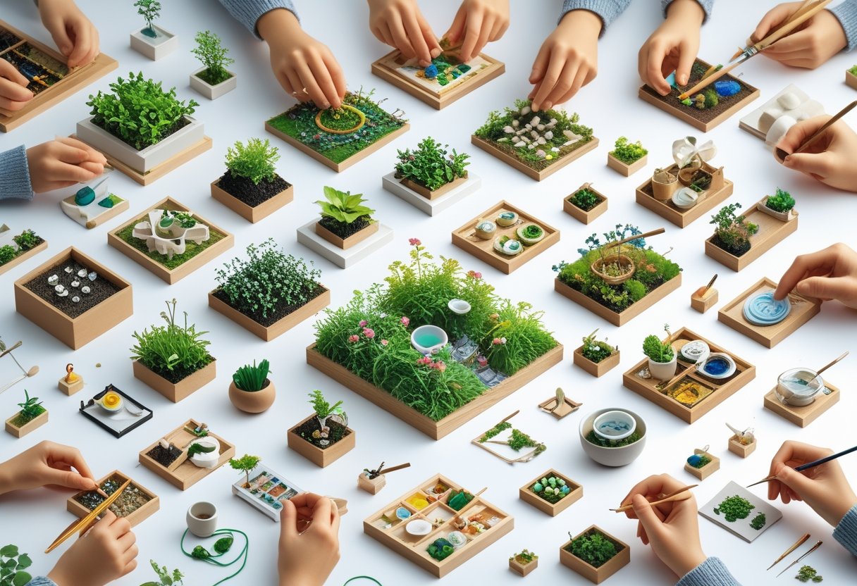 A collection of small scenes showing people engaged in various tiny hobbies like model building, origami, beadwork, miniature painting, calligraphy, and knitting.