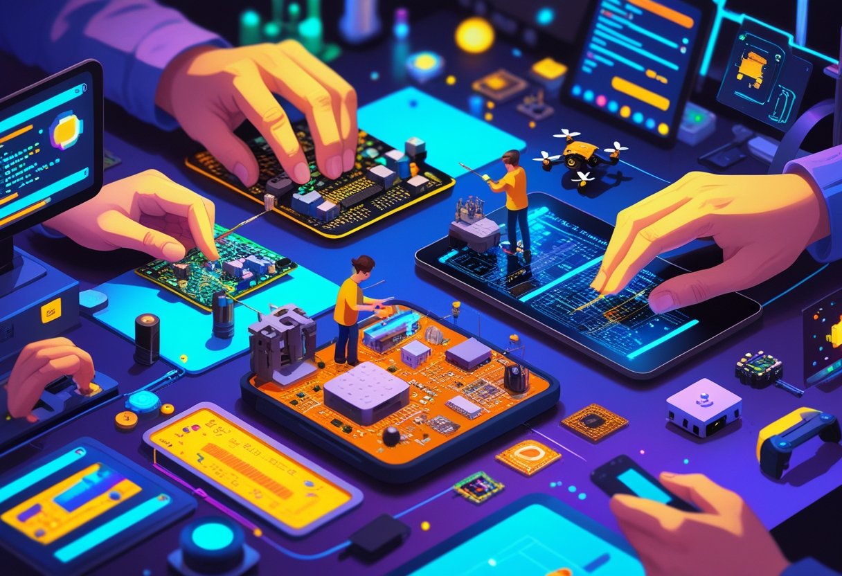 People engaged in various small tech and digital hobbies like soldering electronics, coding on laptops, assembling drones, and creating pixel art on tablets in a modern workspace.