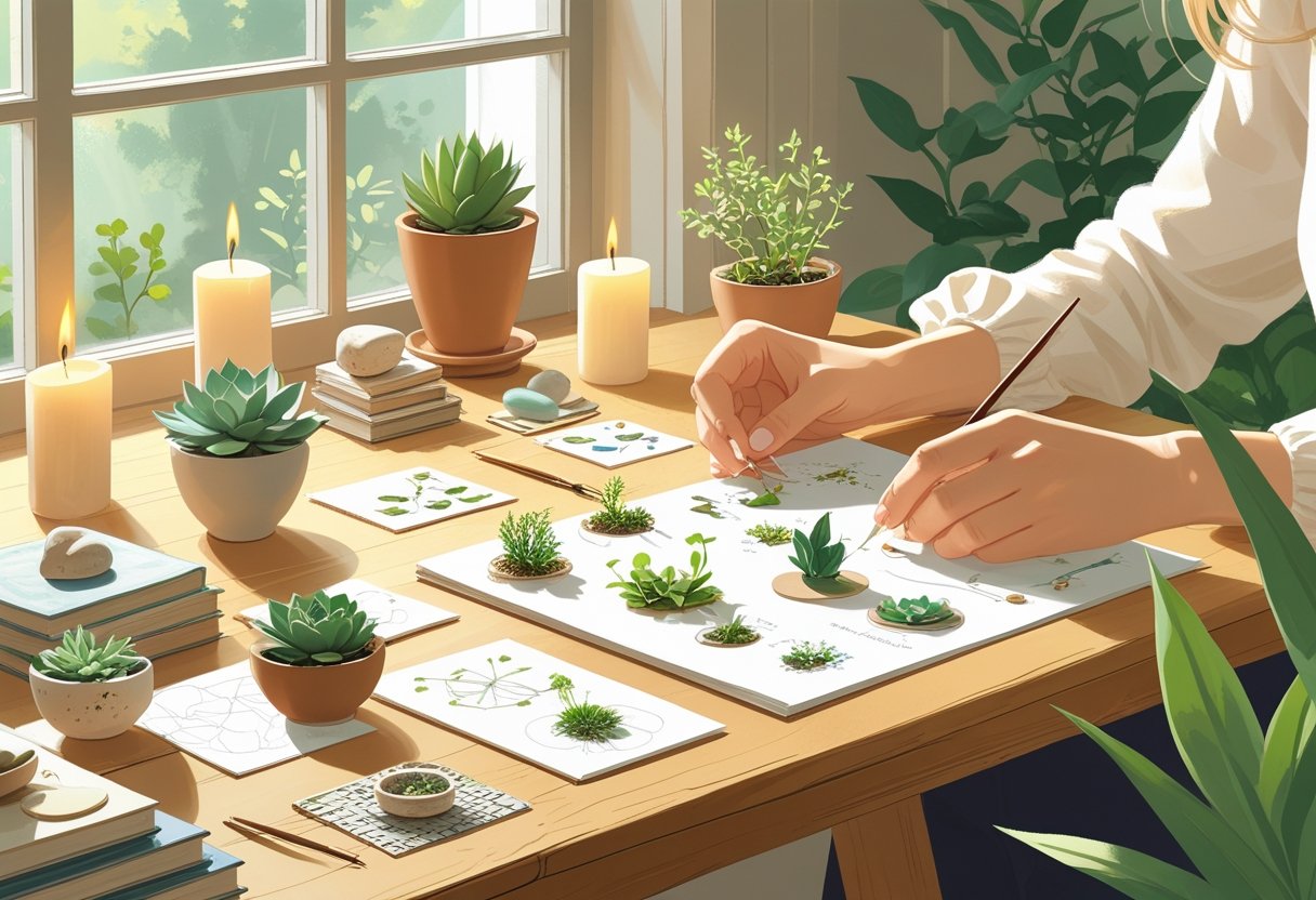 A cozy room with a wooden table displaying various small hobbies like miniature painting, origami, knitting, journaling, and plant care, with soft natural light and calming elements around.