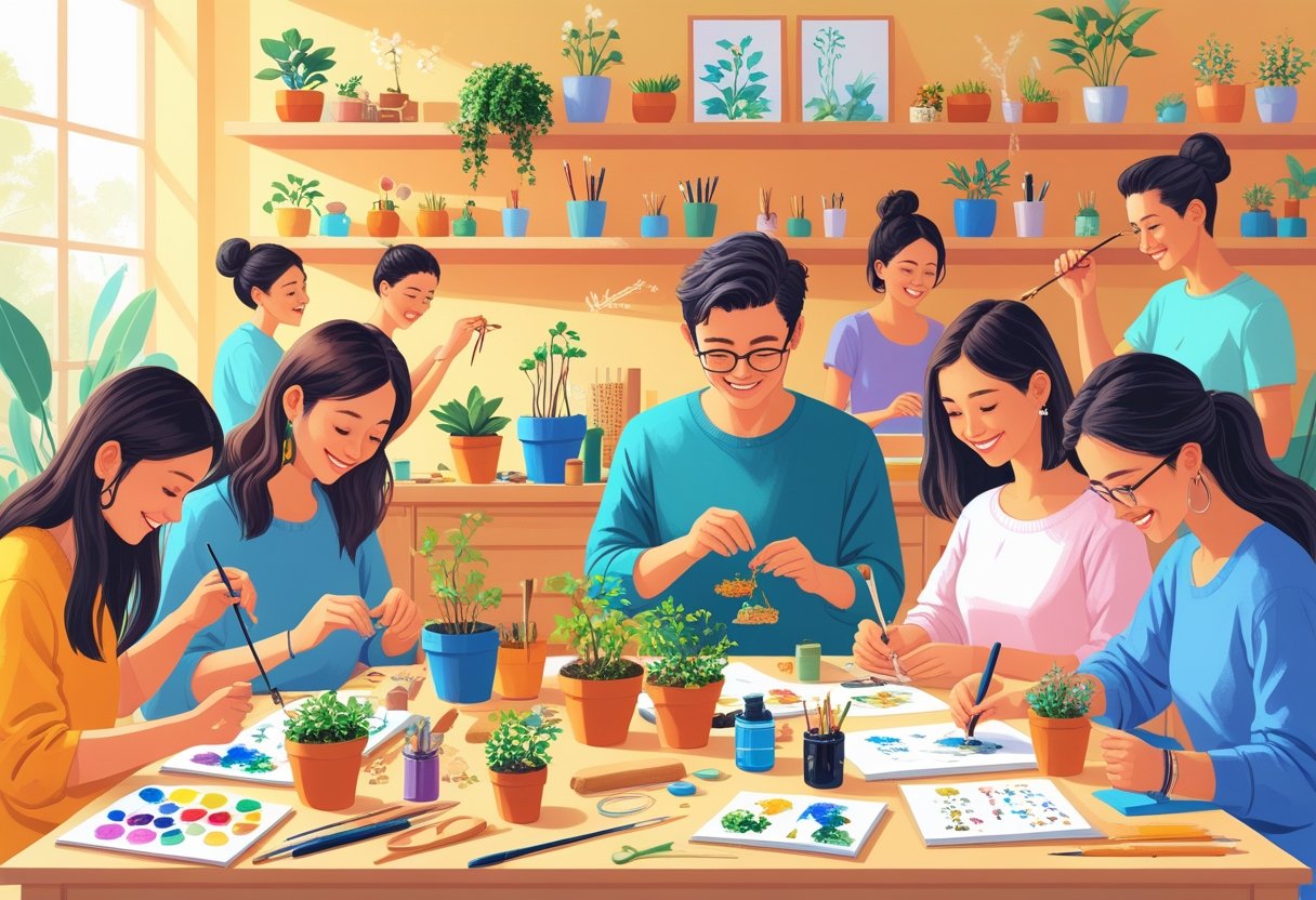 A group of people engaged in various small hobbies like miniature painting, knitting, planting, model building, journaling, and calligraphy in a cozy indoor space.