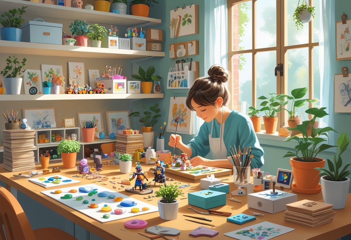 A person working on a small hobby project surrounded by shelves and tables filled with various miniature craft supplies and tools in a cozy workspace.